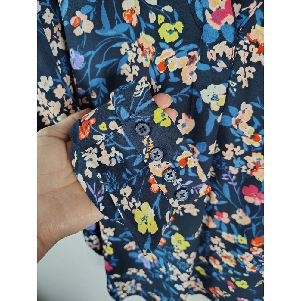 Ann Taylor Floral Blouse Small Navy V-Neck Long Sleeve Career Casual Top - Picture 4 of 7